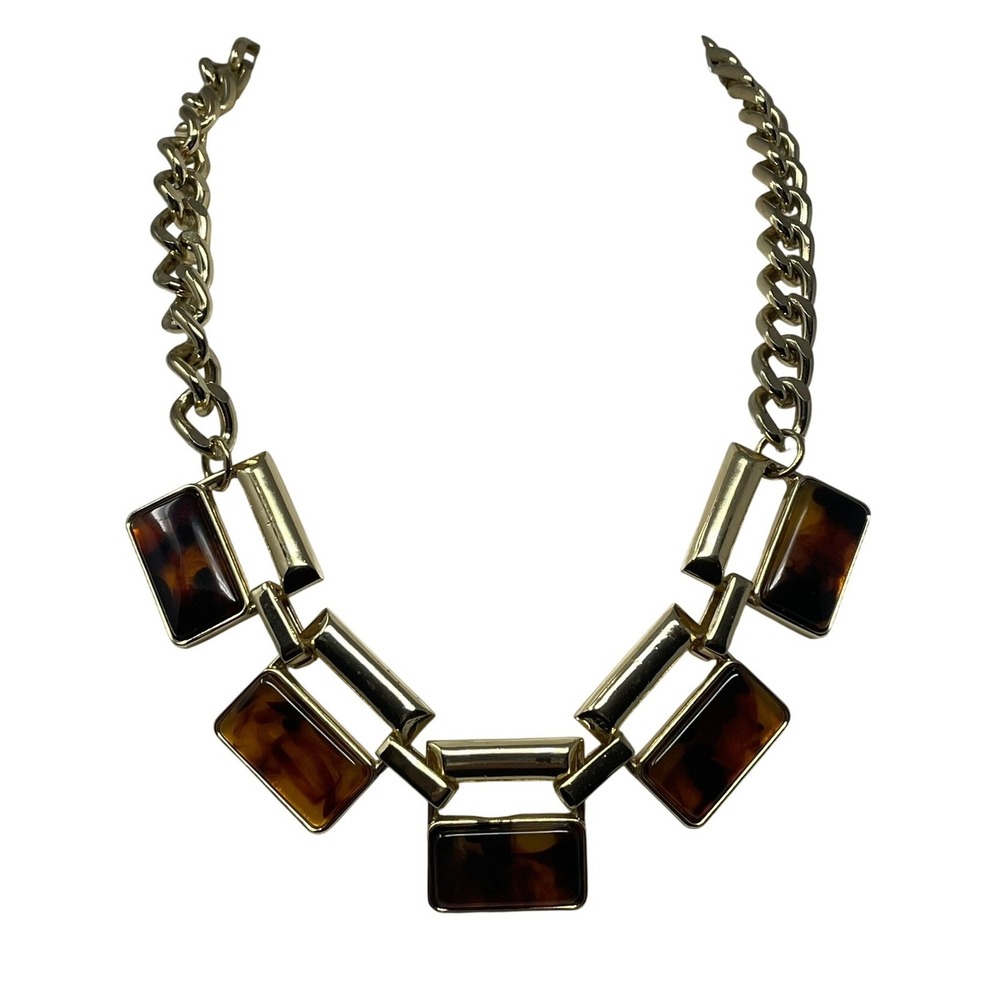 Modern Gold Tone Tortoise Shell Block Statement Necklace Minimalist Heritage